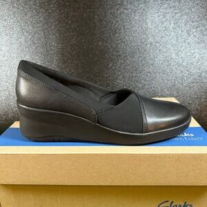 Clarks Suttyn Walk Wedge Shoes Womens 9.5 Black Leather Comfort New